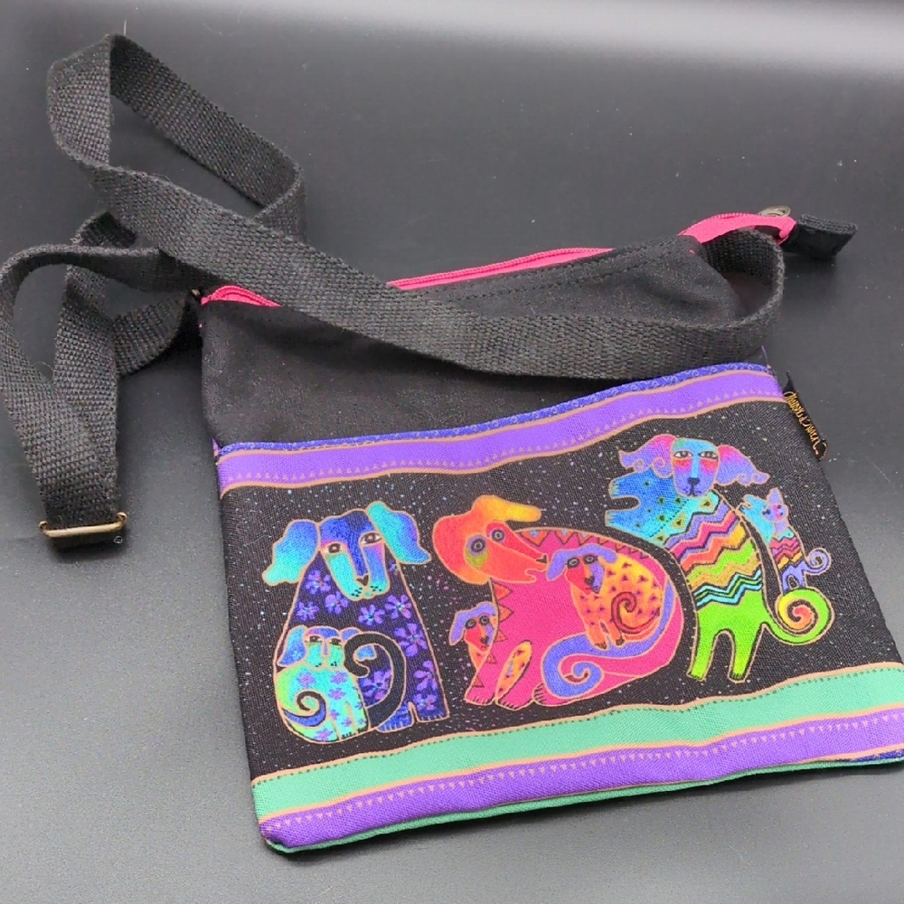 Laurel Burch Colorful Dog Print Crossbody Canvas Bag